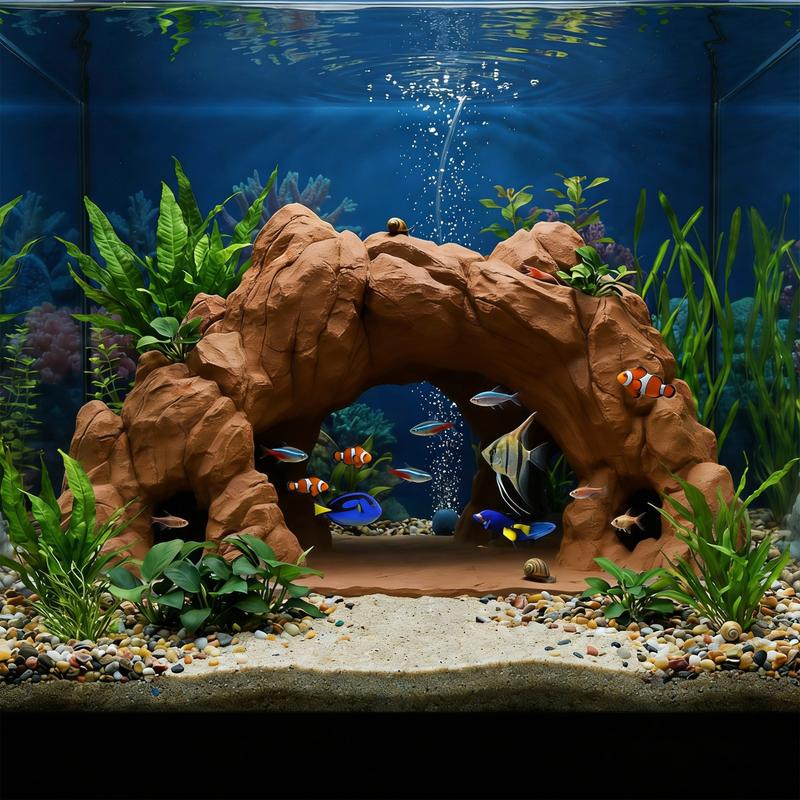 Double Scene Universal 3D Printed Desert Cave, Reptile Lizard Safe Hideaway, Aquatic Tank Decor, Sandstone Texture, Top Plant Design