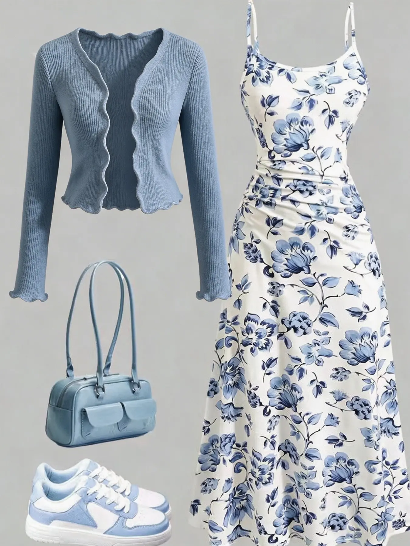 Women's French Chic Two-Piece Set, Floral Print Camisole Waist Long Skirt + Ruffle Short Knit Jacket, Sweet Style for All Seasons