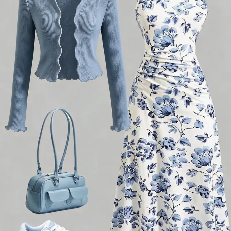Women's French Chic Two-Piece Set, Floral Print Camisole Waist Long Skirt + Ruffle Short Knit Jacket, Sweet Style for All Seasons