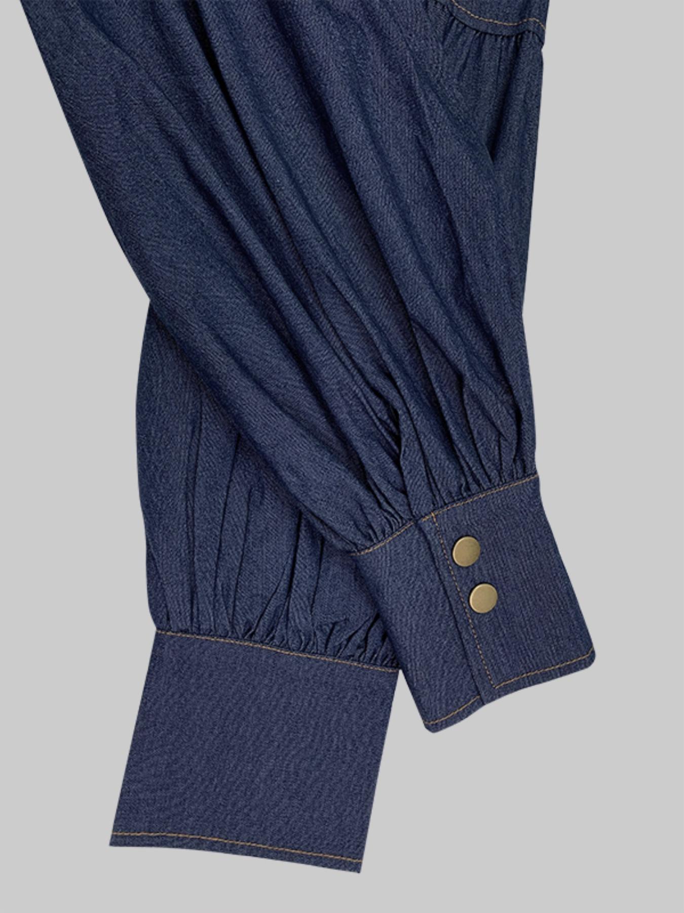 Women's Denim-effect Print Tie Neck Shirt, Chic Casual Long Sleeve Top for Daily Wear, Ladies Clothes for All Seasons