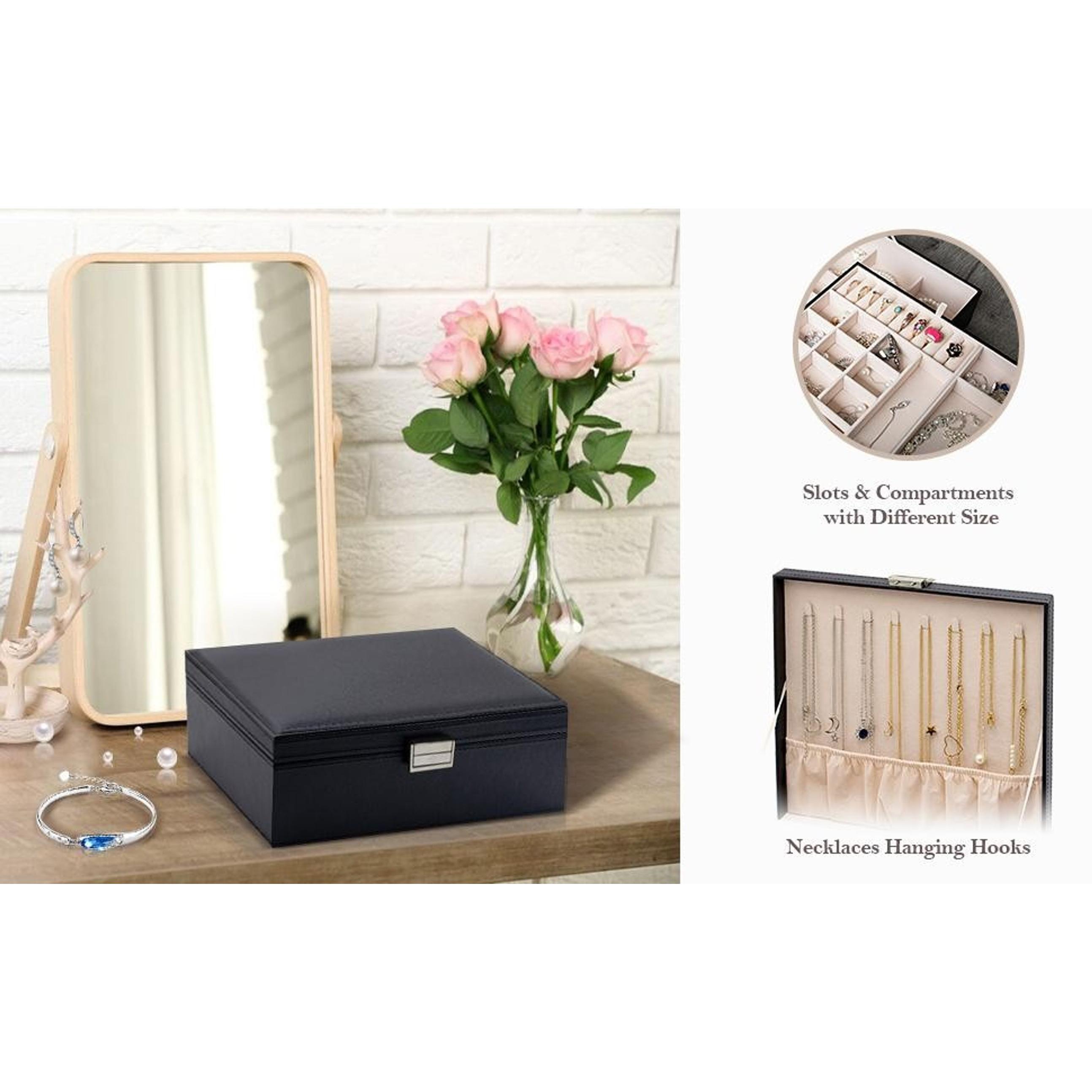 Two-Layer Leather Jewelry Box for Women - Black | Large Jewelry Organizer Storage Case with Removable Pad for EarringsGift