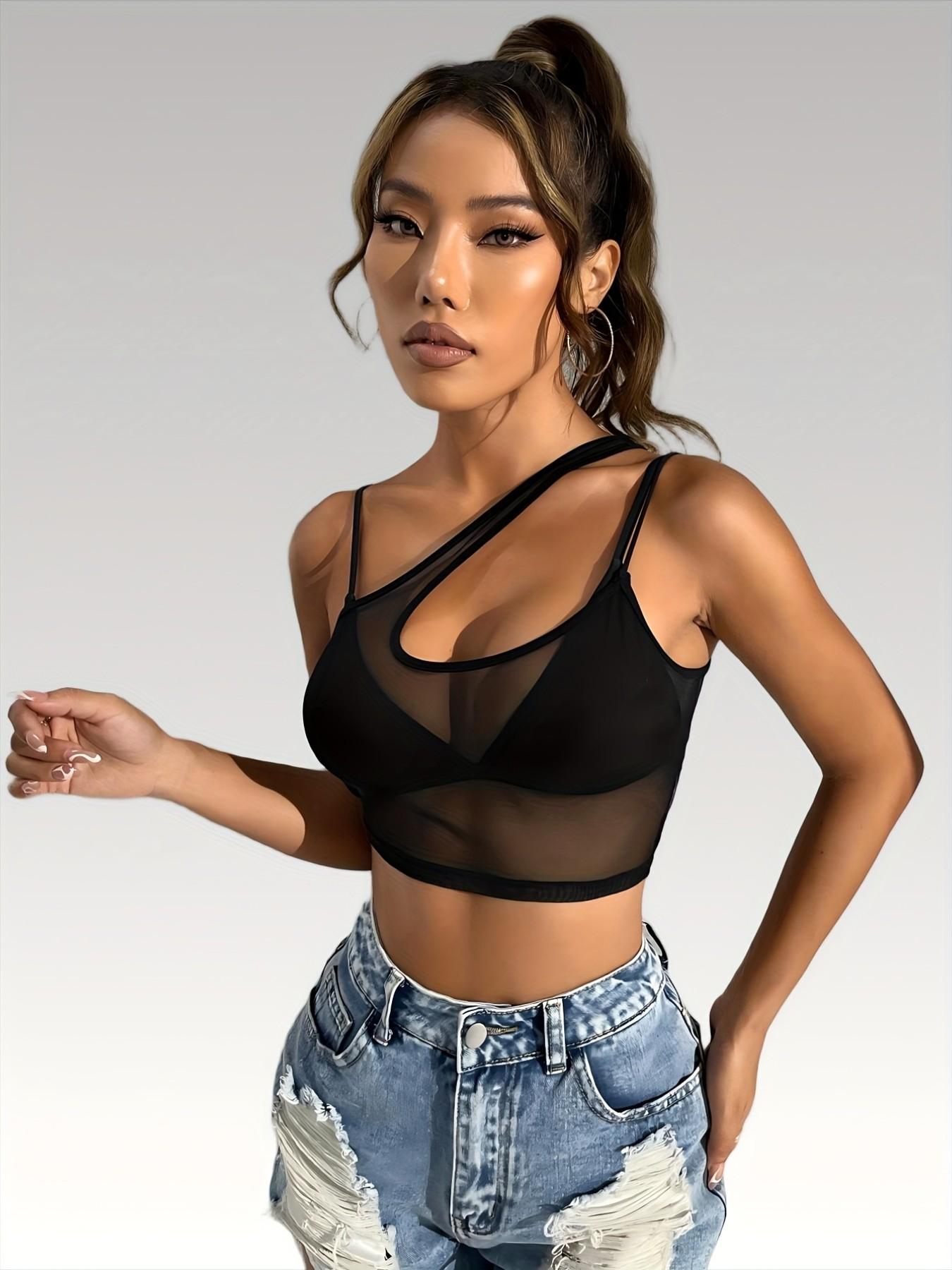 Trendy Y2K Baddie Asymmetrical Mesh Crop Top, Women's Sheer Cutout One Shoulder Cami, Sculpting Body-hugging Black Spaghetti Strap Shirt, Edgy Night Out Clubwear Party Outfit, Viral TikTok Fashion Festival Rave Top Must-Have