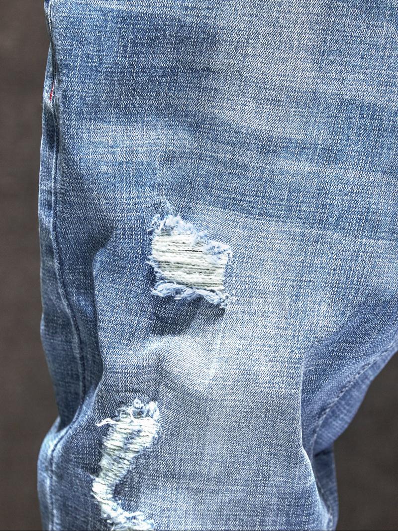 Men's Light Wash Distressed Ripped Fitted Denim Jeans, Trendy American Street Style, Perfect Gift for Husband or Boyfriend Men's Light Wash Distressed Ripped Fitted Denim Jeans, Trendy American Street Style, Perfect Gift for Husband or Boyfriend