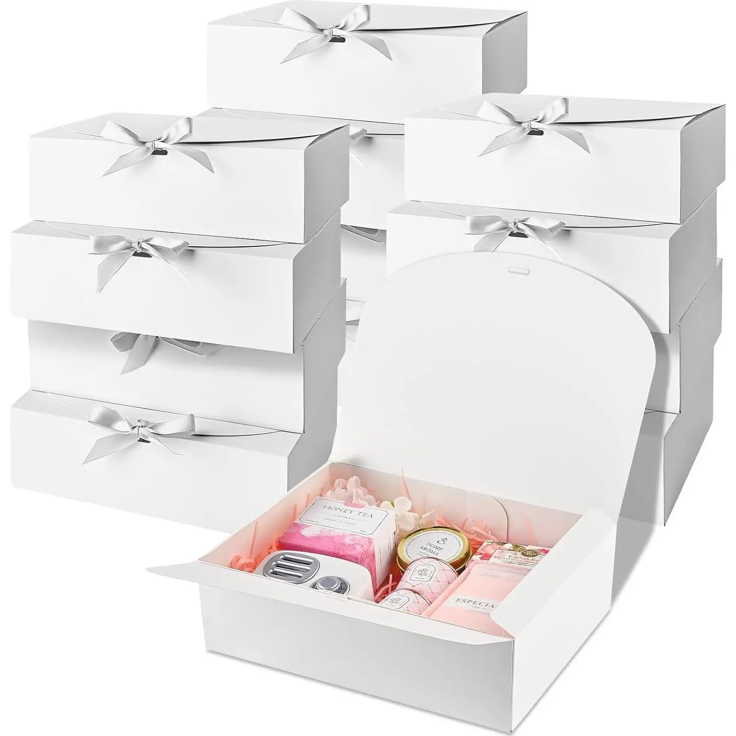 12 Pack Gift Boxes with Lids, 10.6x7.8x3.1 Inch White Paper Gift Box with Ribbon, Bridesmaid Proposal Box for Wedding, Packaging, Baby Shower, Birthday, Christmas, Party, Present Crafting