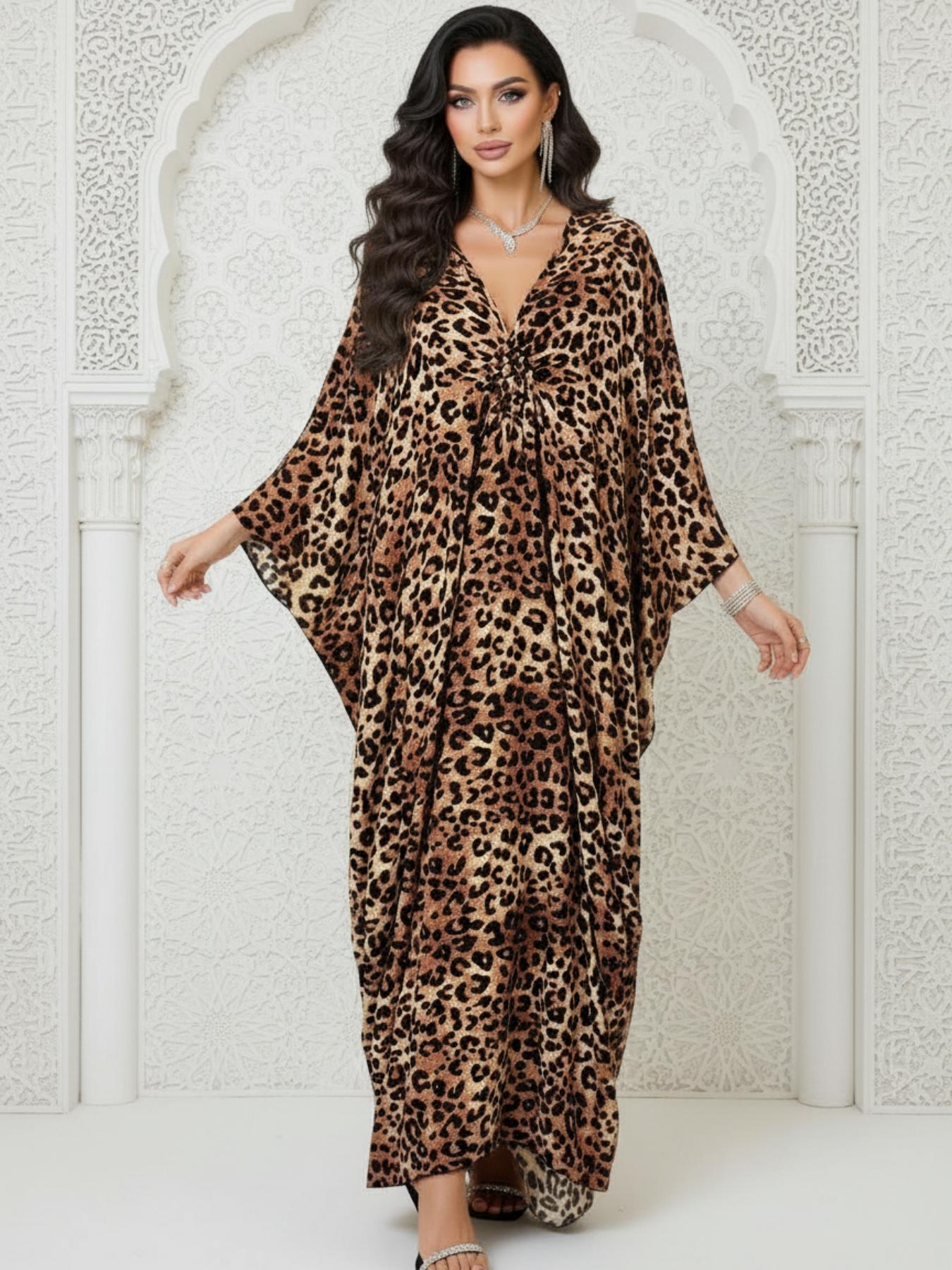 Women's Leopard Print Batwing Sleeve Split Hem Kaftan Dress, Casual Modest Style V-Neck 3/4 Sleeve Long Dress for Fall & Winter, Women's Islamic Clothing for Daily Wear Women's Leopard Print Batwing Sleeve Split Hem Kaftan Dress, Casual Modest Style V-Neck 3/4 Sleeve Long Dress for Fall & Winter, Women's Islamic Clothing for Daily Wear
