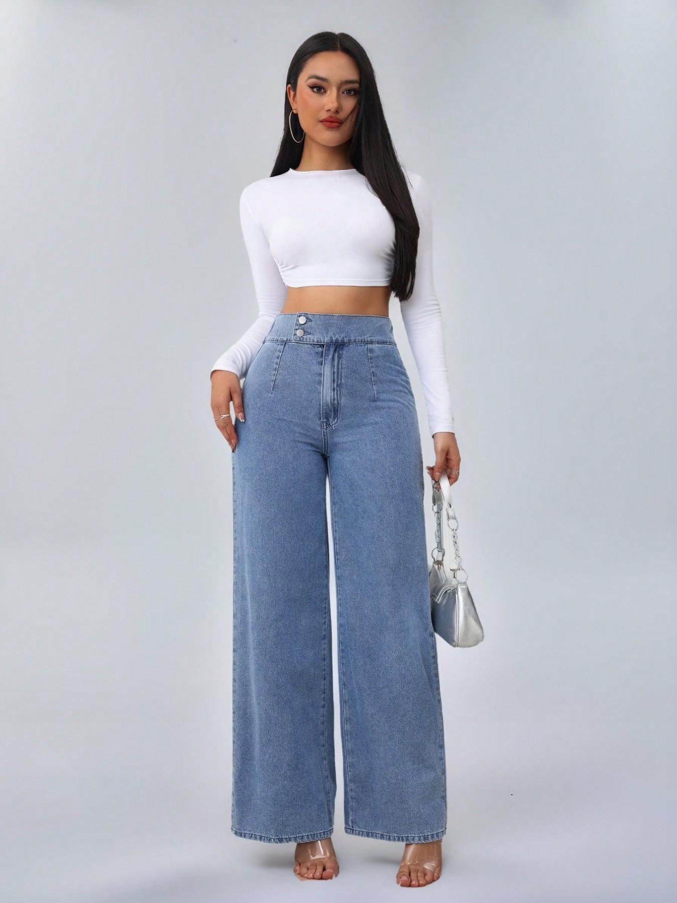 Women's Vintage Elegant High Waist Wide Leg Light Wash Denim Jeans Trouser, Button Front Elastic Waist Loose Fit, Casual Fashion Pants for All Seasons, Womenswear