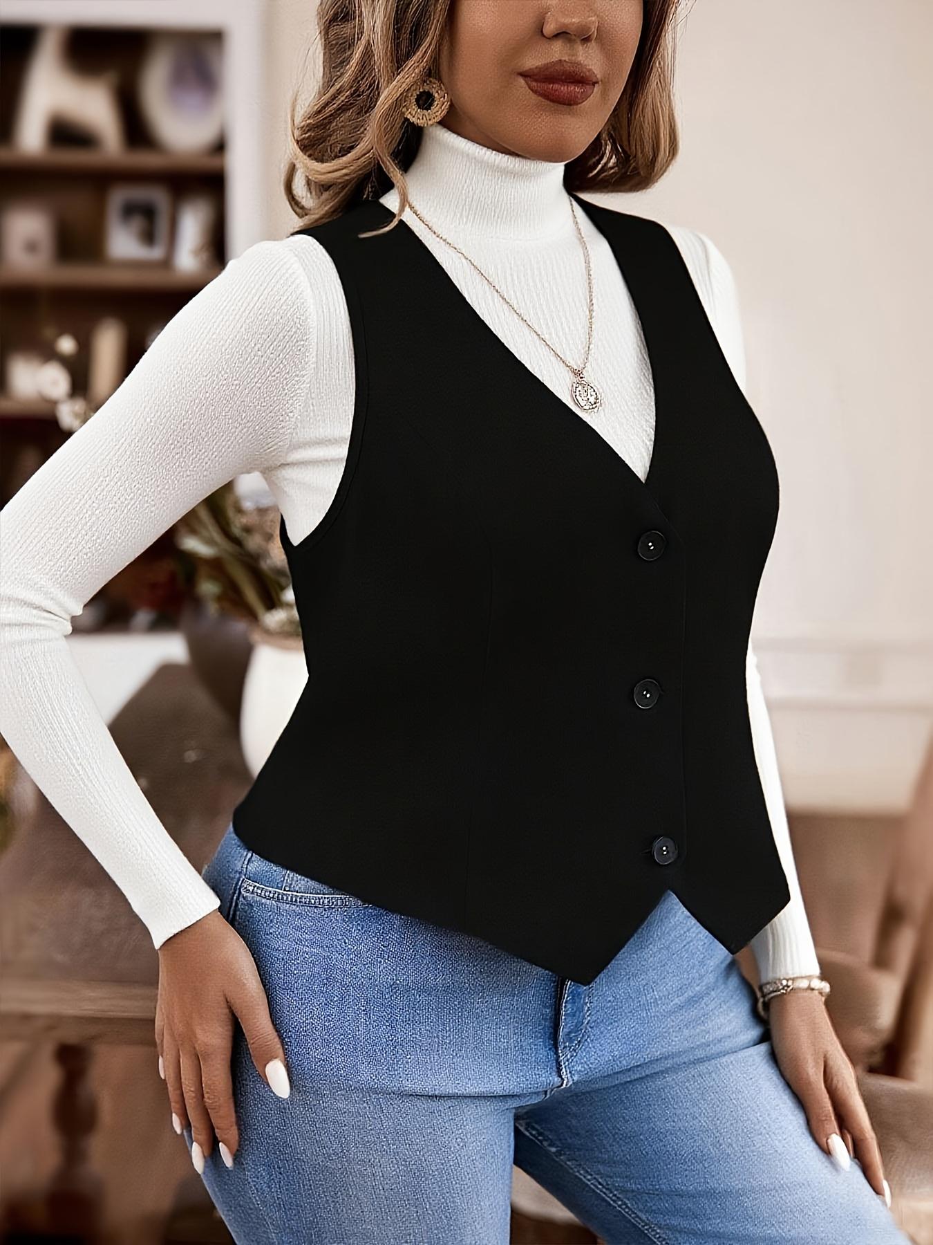 Plus Size Women's Layered Wear Slim Fit Knitted Short Vest Jacket Womenswear, Casual Basic Fashion Fitted Outerwear for Spring & Fall Seasons