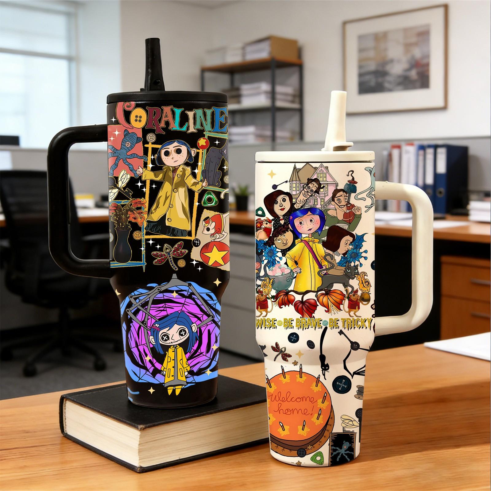40oz insulated mug, Coraline dark fairy tale print, double wall vacuum stainless steel, straw lid with handle, leak proof, keeps hot 12h cold 24h, movie fan gift, daily use, Insulated Cup