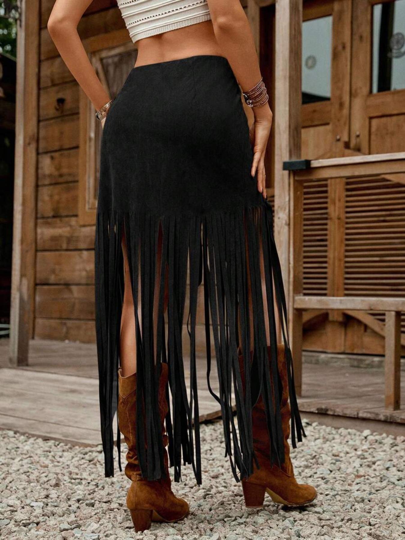 Camel Suede Deer Leather Fringe Hem A-Line Fitted Skirt, Perfect for Spring Summer Country Music Festivals, Fringe Skirt, Bottoms