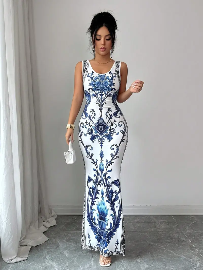 Elegant Printed Chinese Style Belted Split Hem Luxurious Chic Vintage Middle Eastern Uae Robe Gowns, New Arrival Maxi Print Dress Clothes