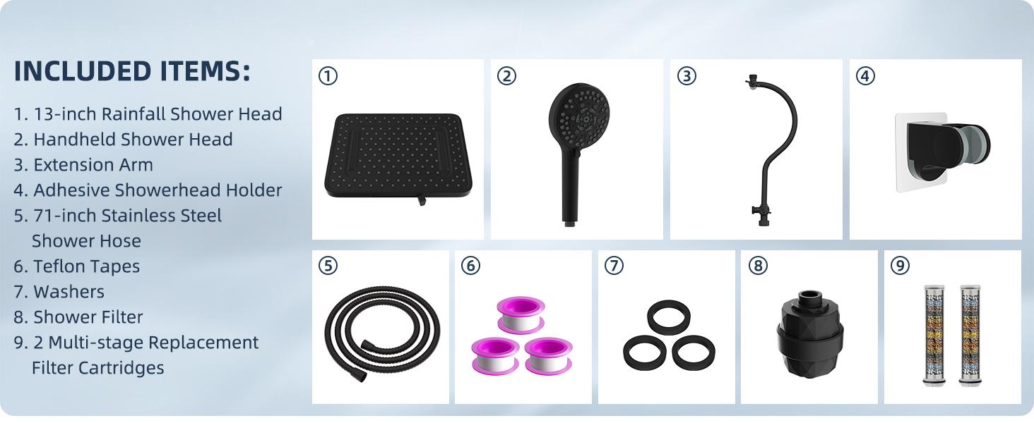 Hibbent Upgraded 5-spray 13'' Dual Filtered Rainfall Shower Head Combo, High Pressure 10-setting Handheld Shower Head with 12'' Adjustable Extension Arm, 20 Stage Shower Filter, 71'' Hose, Matte Black