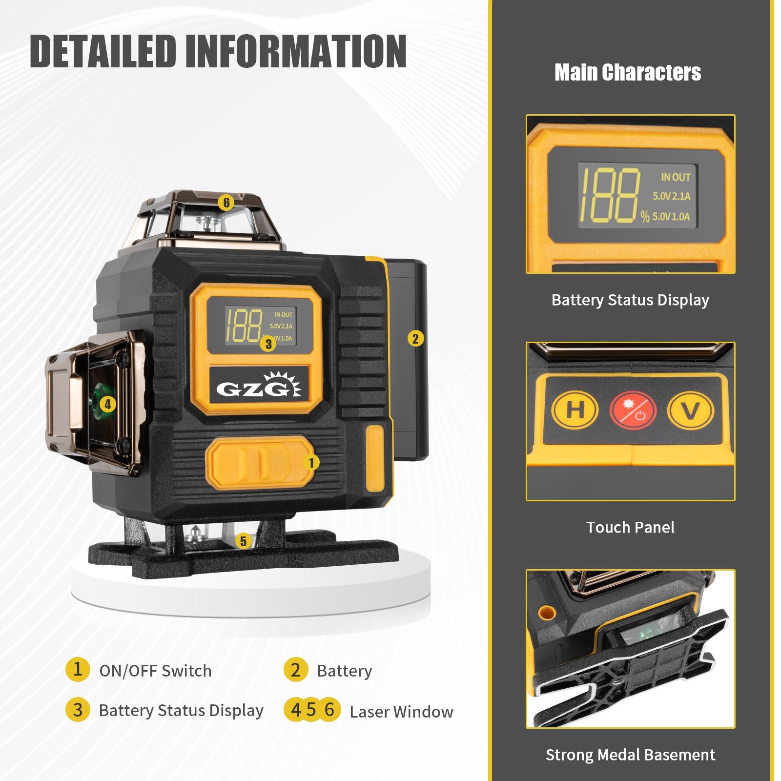 GZG 1 Set of 16 Lines of Laser Level Kits with Digital Display, Remote Control & USB Charging, Ideal for Home Renovation & Woodworking Gifts