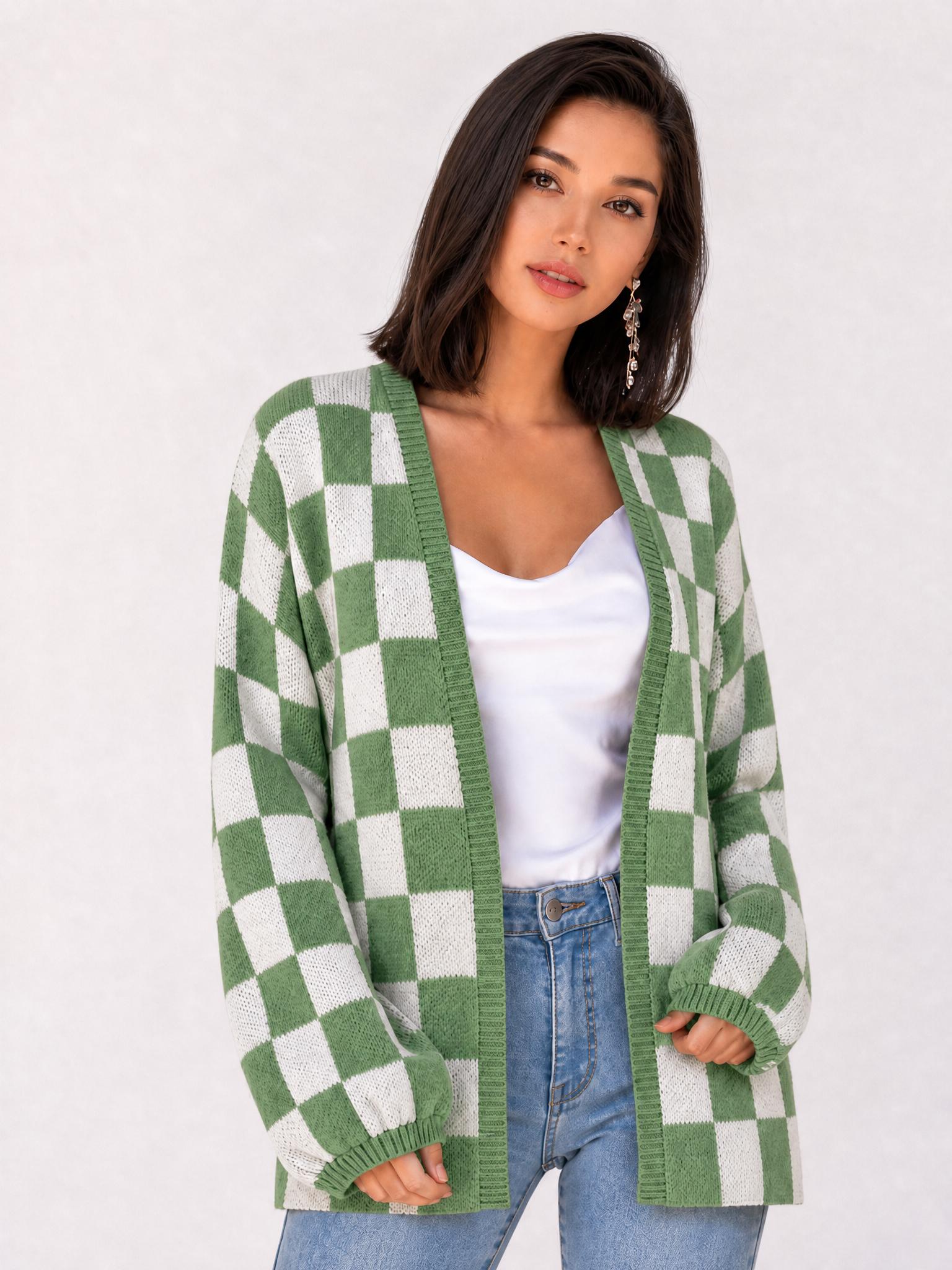 Plus Size Women's Plaid Knit Cardigan, V Neck Open Front Loose Fit Long Sleeve Sweater Coat, Fall & Winter Casual Outerwear