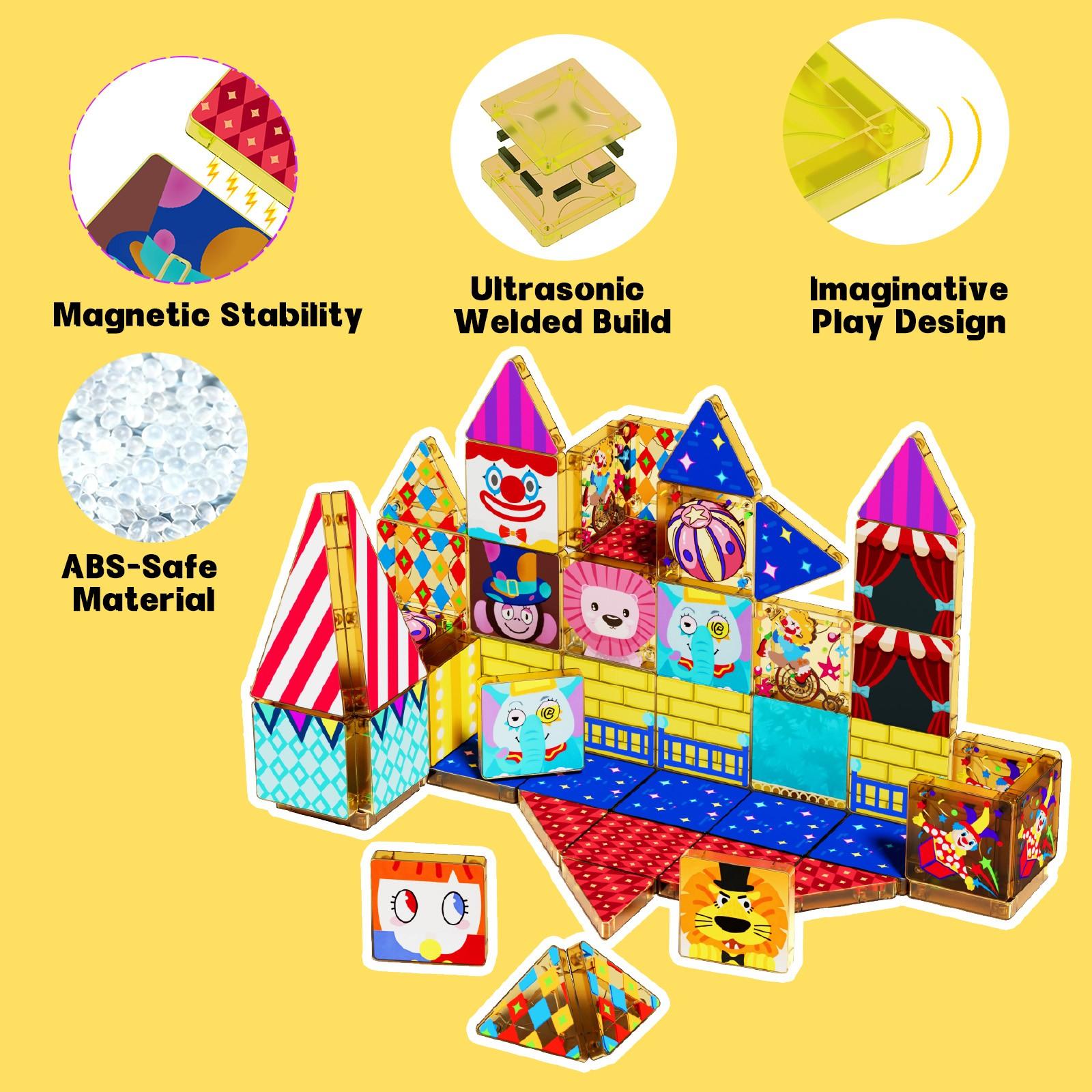 【New Sticker Set】60PCS,1.48inch Creative Sticker Magnetic Tiles,Circus Series，Magnet Building Blocks Cubes Construction Stacking Educational Assembly Toy Preschool STEM Play Creative Playboard for Toddler Kids Ages 3+,Kids Toys best gift