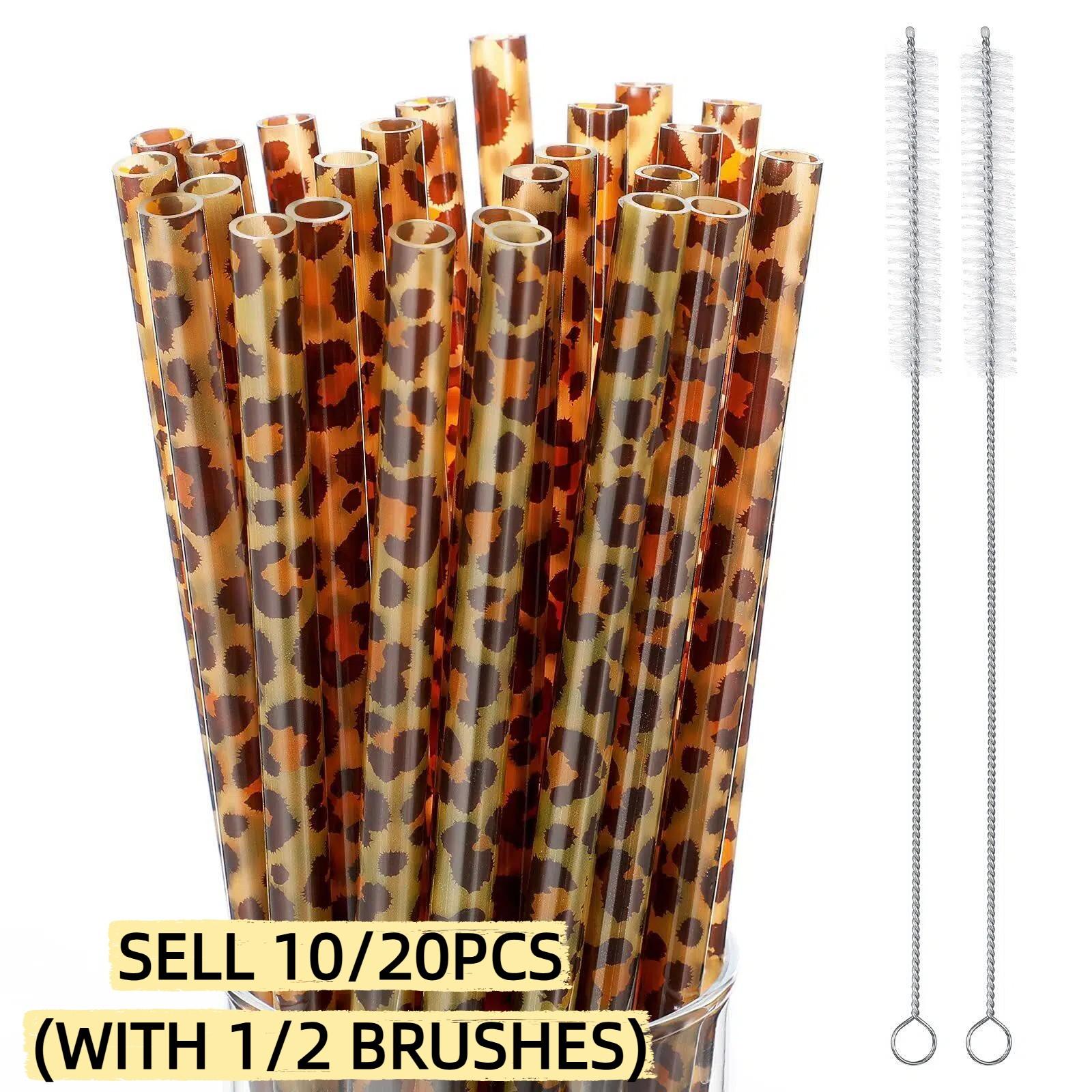 10/20PCS Reusable Leopard Print PP Drinking Straws Set (with 1/2 Brushes), 9-Inch Straws, Durable Easy-to-Clean Smooth-Edge Design for Iced Coffee, Juice, Smoothies, Party & Home Daily Use, Bar Accessories