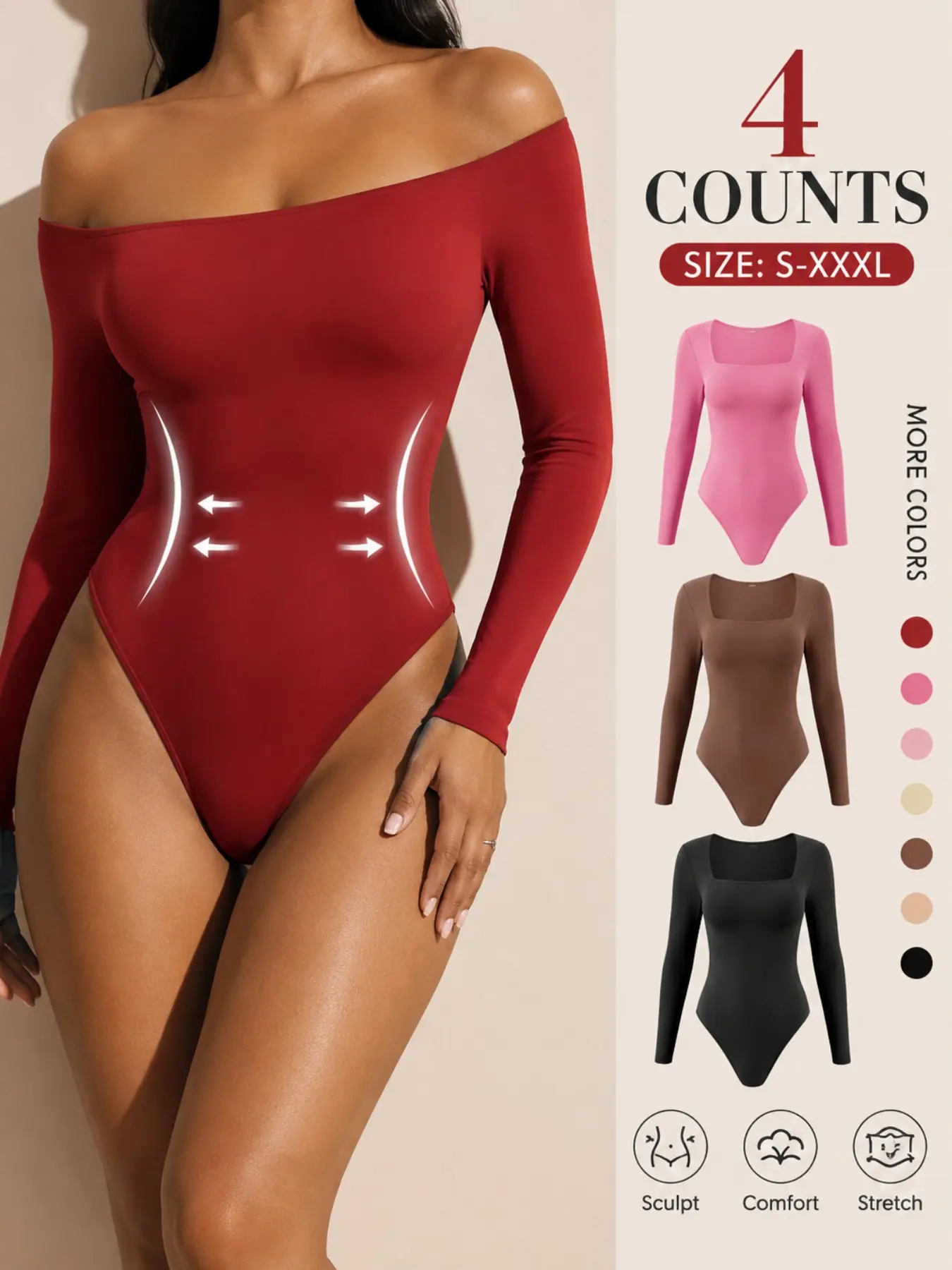 Women's solid knit long sleeve square neck shapewear bodysuit, slim fit, stretchy fabric, tummy control, Tummy Tuck Bodysuit, butt lifting design, comfortable breathable shaping wear, curve enhancer, perfect for daily casual, work, dates, parties