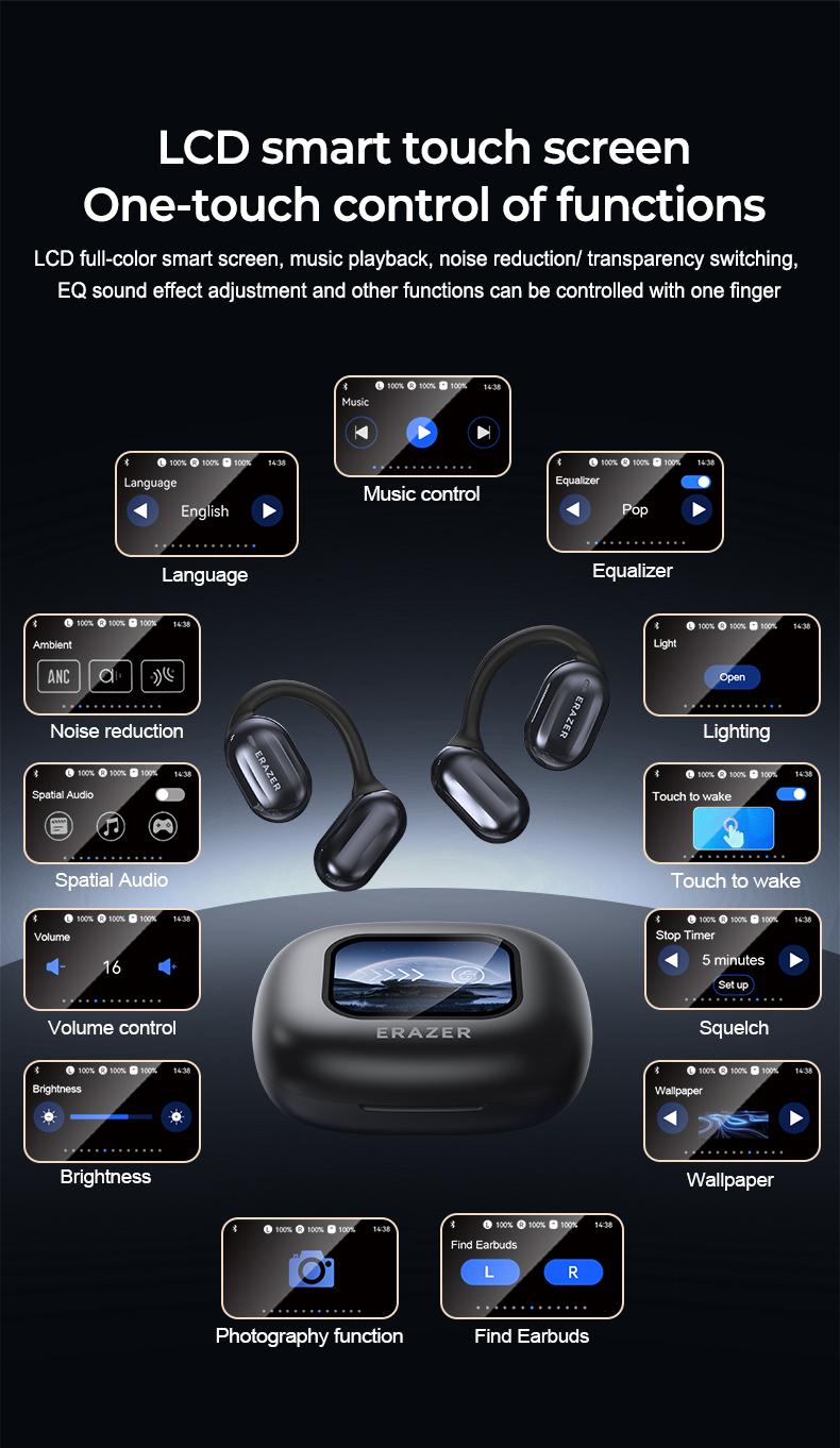 ERAZER OWS Touch Screen Earphone Bluetooth 5.4 Wireless Headphones Noise Canceling TF Card Headset HIFI Stereo Full-Color Display Multifunctional Earbuds With Mic