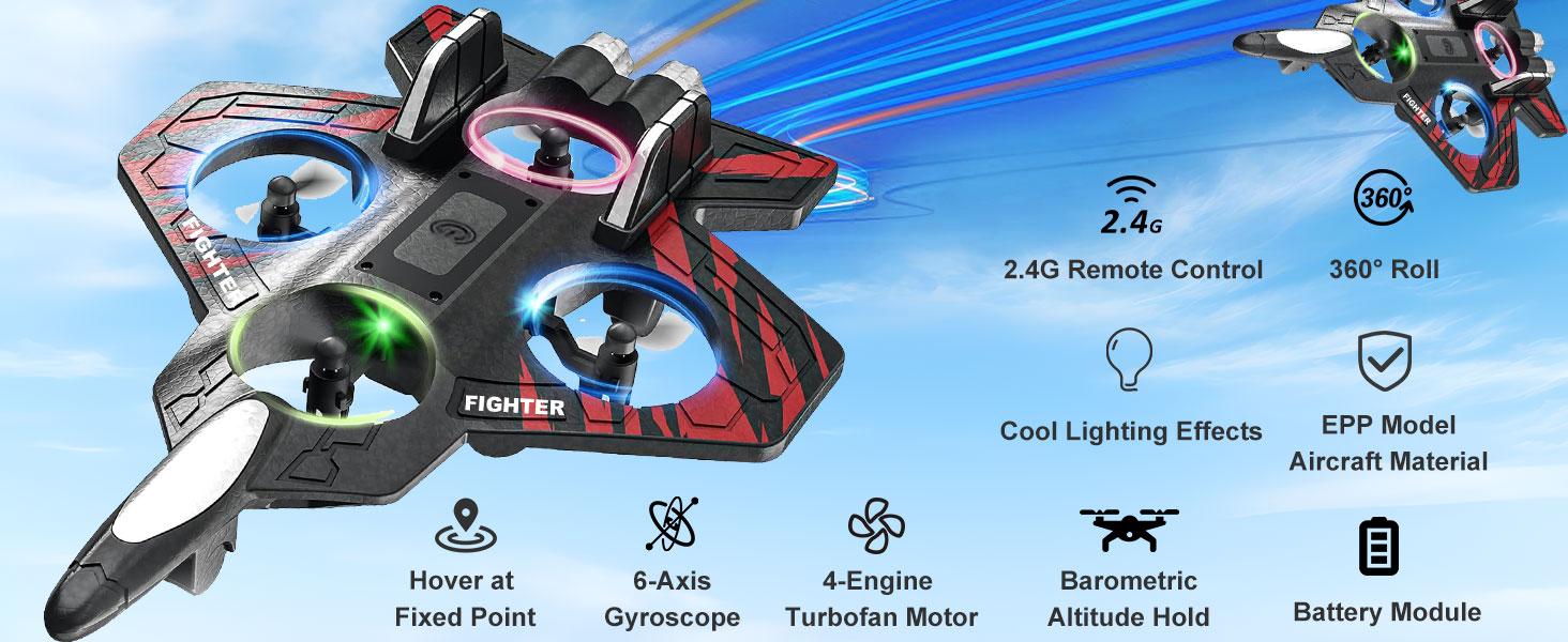 Foam Remote Control Airplanes, RC Planes with Light, RC Airplane Fighter Jet, 360 °   Stunt Roll RC Planes, Stunt Roll, Drones for Men, Remote Control Plane (Red)