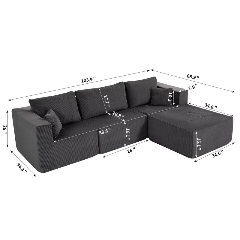 【TikTokShopBlackFriday】【Two Packages】Modular L-Shaped Sectional Sofa with Chaise, Deep Seat Corduroy Couch for Living Room, Bedroom, Apartment, Minimalist Sleeper Sofa, No Assembly Required