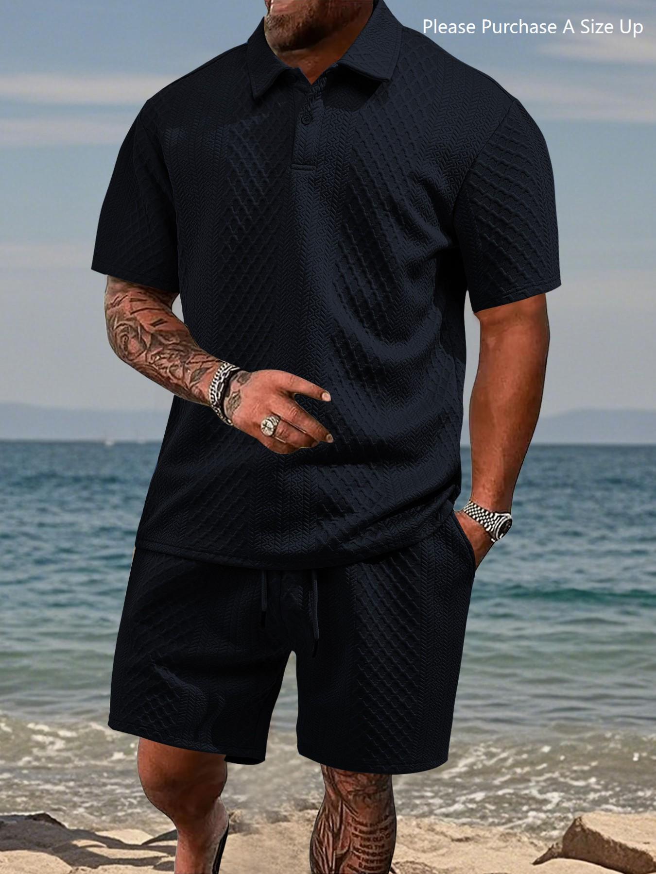 Please Purchase A Size Up. Men's Solid Polo Shirt & Drawstring Waist Shorts Set, Cozy Breathable Two-piece Outfits for Daily Outdoor Wear, Men Clothes for Summer.
