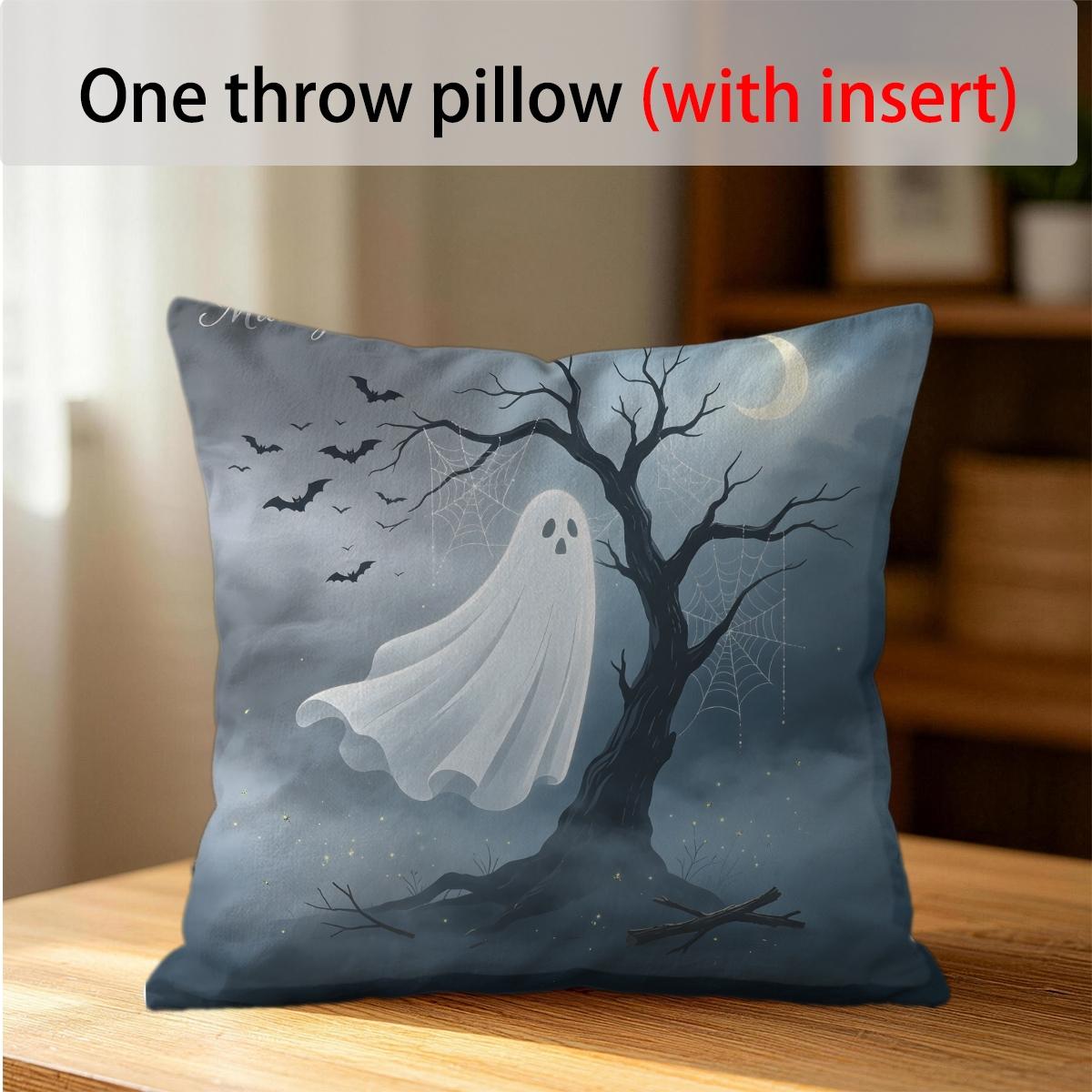 Spooky Halloween Ghost Throw Pillow, featuring bat, bare tree and crescent moon night print, soft durable decorative pillow perfect for sofa, couch, bedroom, living room halloween party decor, comes with pillow insert