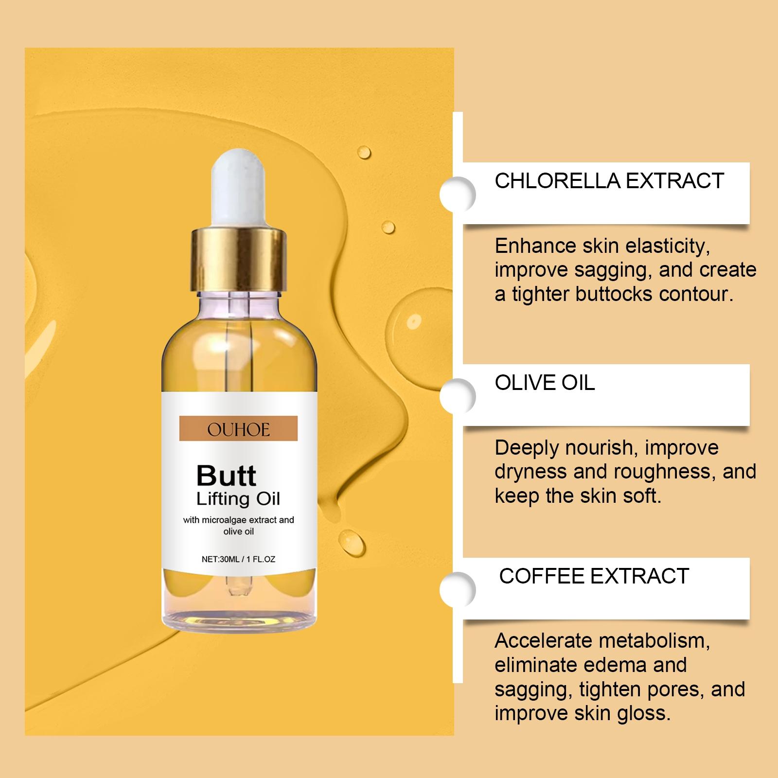 Buttock Care Oil, Nourishing Skin Tightening Elastic Moisturizing Body Lifting Massage Oil, Rich in Olive Fruit Oil, Coffee Extract, Vitamin E