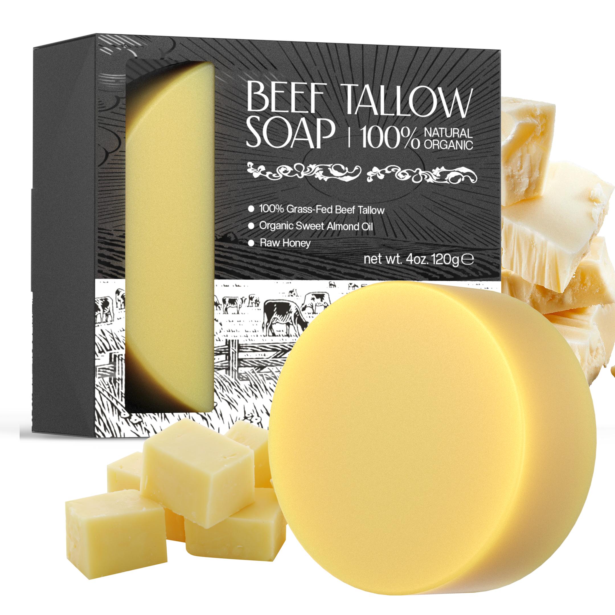 Handmade Beef Tallow Soap (Grass-fed Beef Tallow) - with Raw Honey, Organic Sweet Almond Oil - Deeply Moisturizing & Traditional Treatments - 120 grams