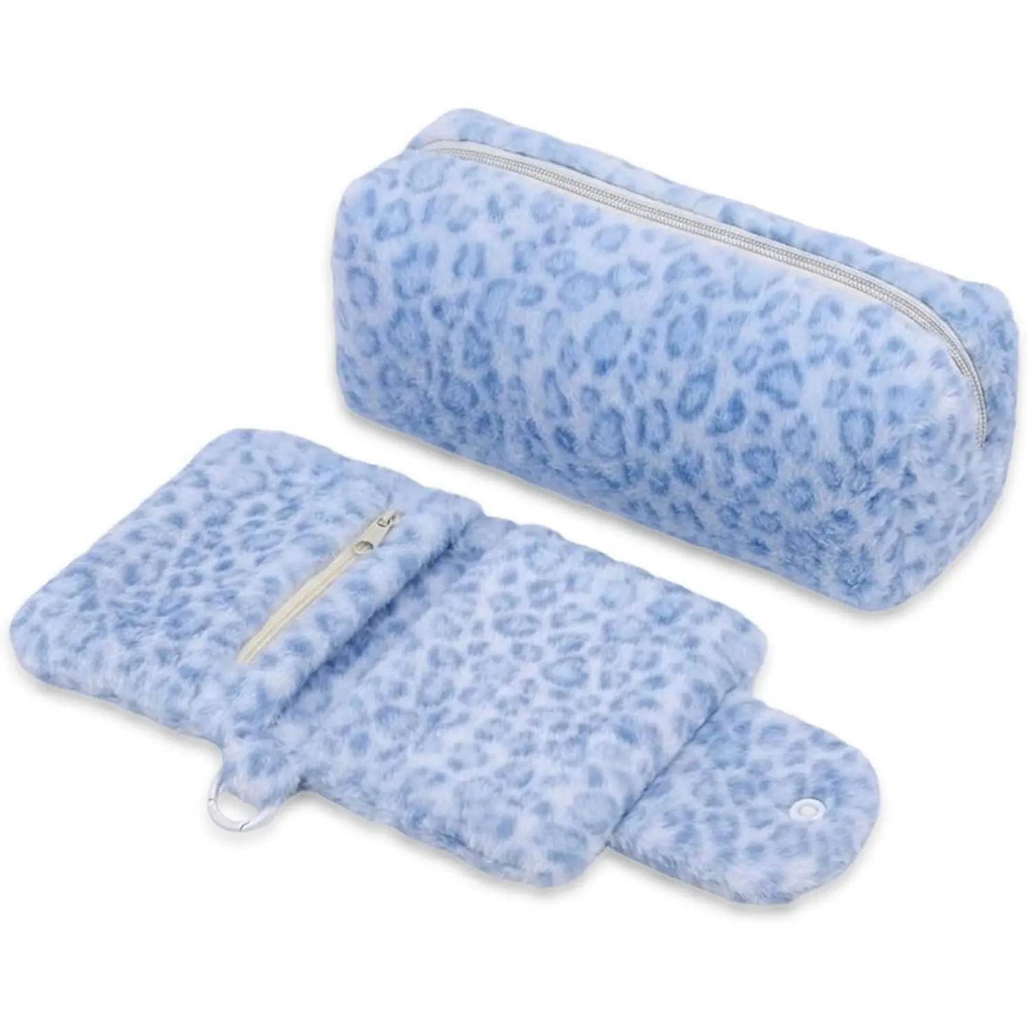 2 count  Leopard Pencil Case Set, Cute Fuzzy Makeup Bag & Card Holder Wallet, Y2K Aesthetic Office Supplies, Large Capacity Pen Pouch Organizer for Women (blue)