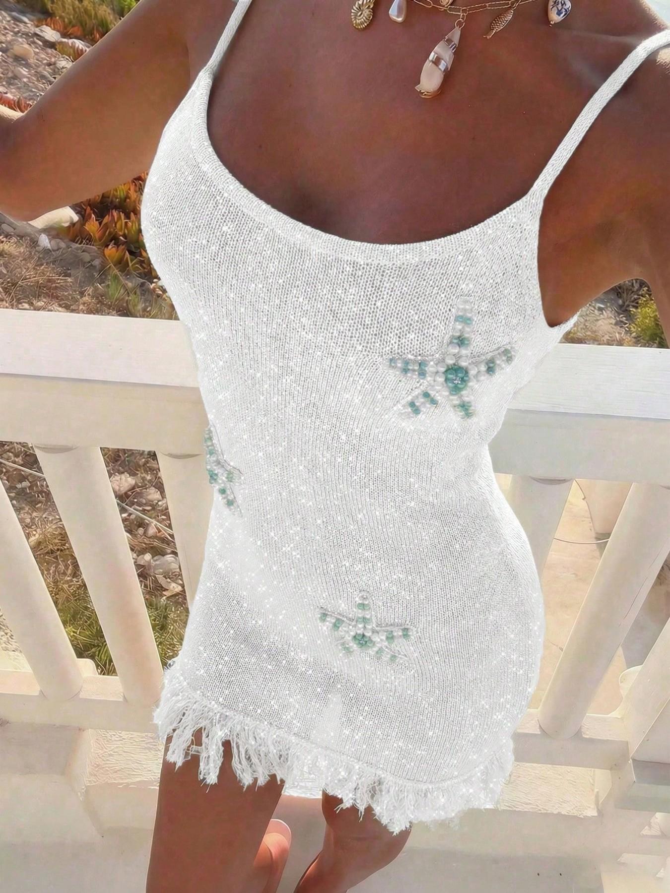 Women's White Knit Spaghetti Strap Cami Mini Dress, Starfish Beaded Fringe Hem Sparkly Bodycon Dress, Sleeveless Knitted Beach Dress, Soft Stretchy Fabric, Summer Vacation, Beachwear, Casual Party, Siren Dress, Knitwear for Women