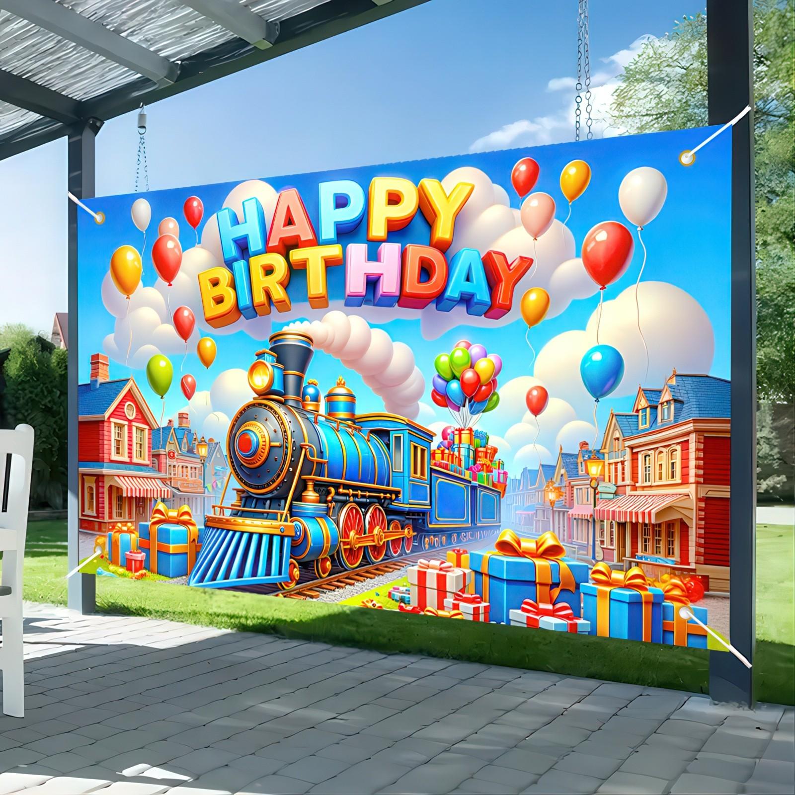 1pc, 2D/Flat Happy Birthday Banner Colorful Train Birthday Backdrop Cartoon Train Banner Decorations Photography Background Photo Shoot Props for Boy Girl Kid Train Birthday Party Backdrop