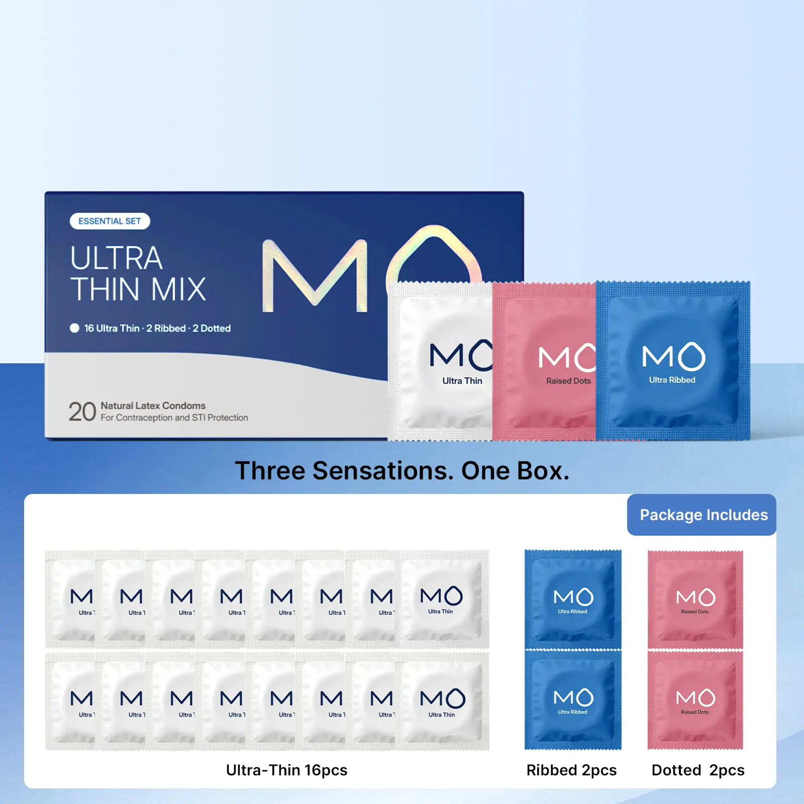 MO Trio Bundle Variety Pack Wnmen Condoms Universal Regular Fit, 20 Pcs Natural Latex Condoms with 3 Triple Sensations Textured Mix (Ultra Thin, Ribbed Dot), pH Balanced, Everyday Use