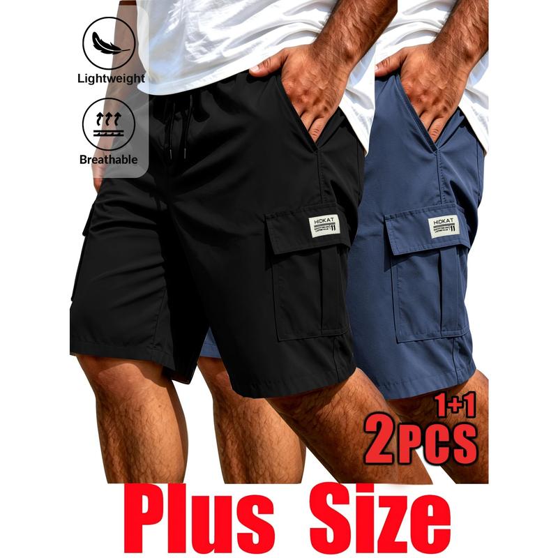 2PC Men's Plus Size Sports and Leisure Shorts with Drawstring At The Waist, Elastic Waistband, Multiple Pockets, Suitable for Outdoor Hiking, Daily Running, Commuting