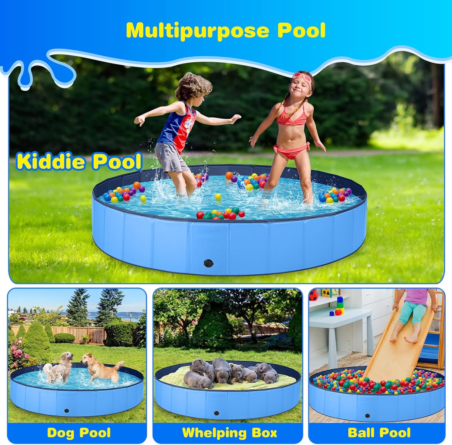 Foldable Dog Kiddie Pool Portable Hard Plastic Doggie Swimming Pool Anti-Slip Collapsible Pets Bath Tub Suitable for Kids Indoor Outdoor Backyard Use