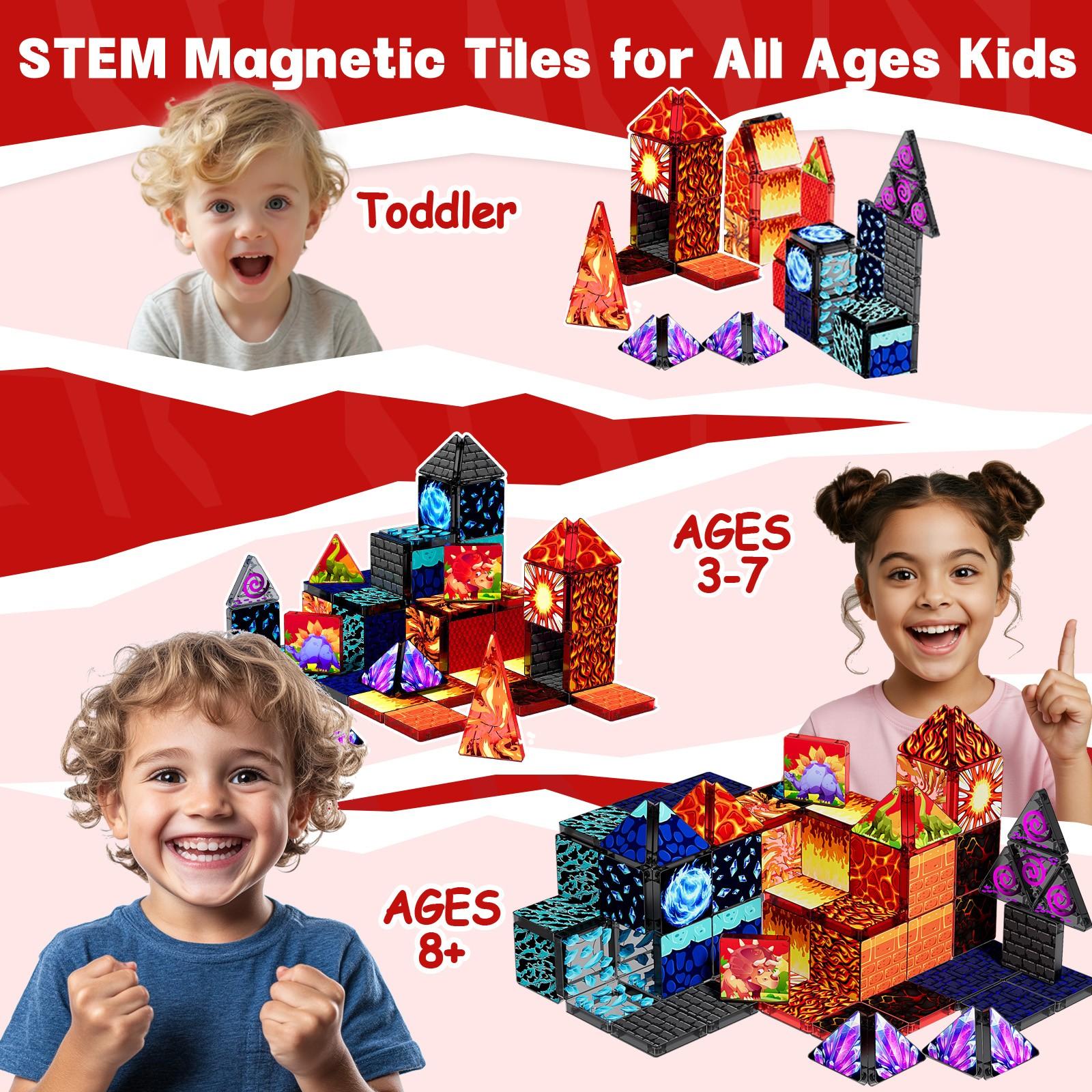 【New Sticker Set】60PCS,1.48inch Creative Sticker Magnetic Tiles,Jurassic Dinosaur Series，Magnet Building Blocks Cubes Construction Stacking Educational Assembly Toy Preschool STEM Play Creative Playboard for Toddler Kids Ages 3+,Kids Toys best gift