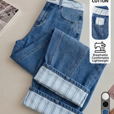 Women Cuffed Wide Leg Jeans, Striped Waist & Hem Contrast Denim Button, Cropped Loose Casual Trousers, Fashionable Women's Pants