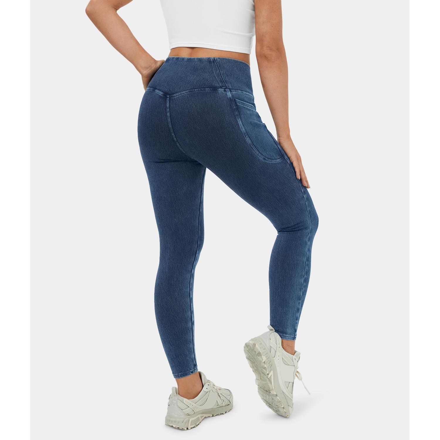 Halara Flex Crossover Side Pocket Washed Stretchy Knit Denim Work Leggings#TikTokShopBacktoSchool