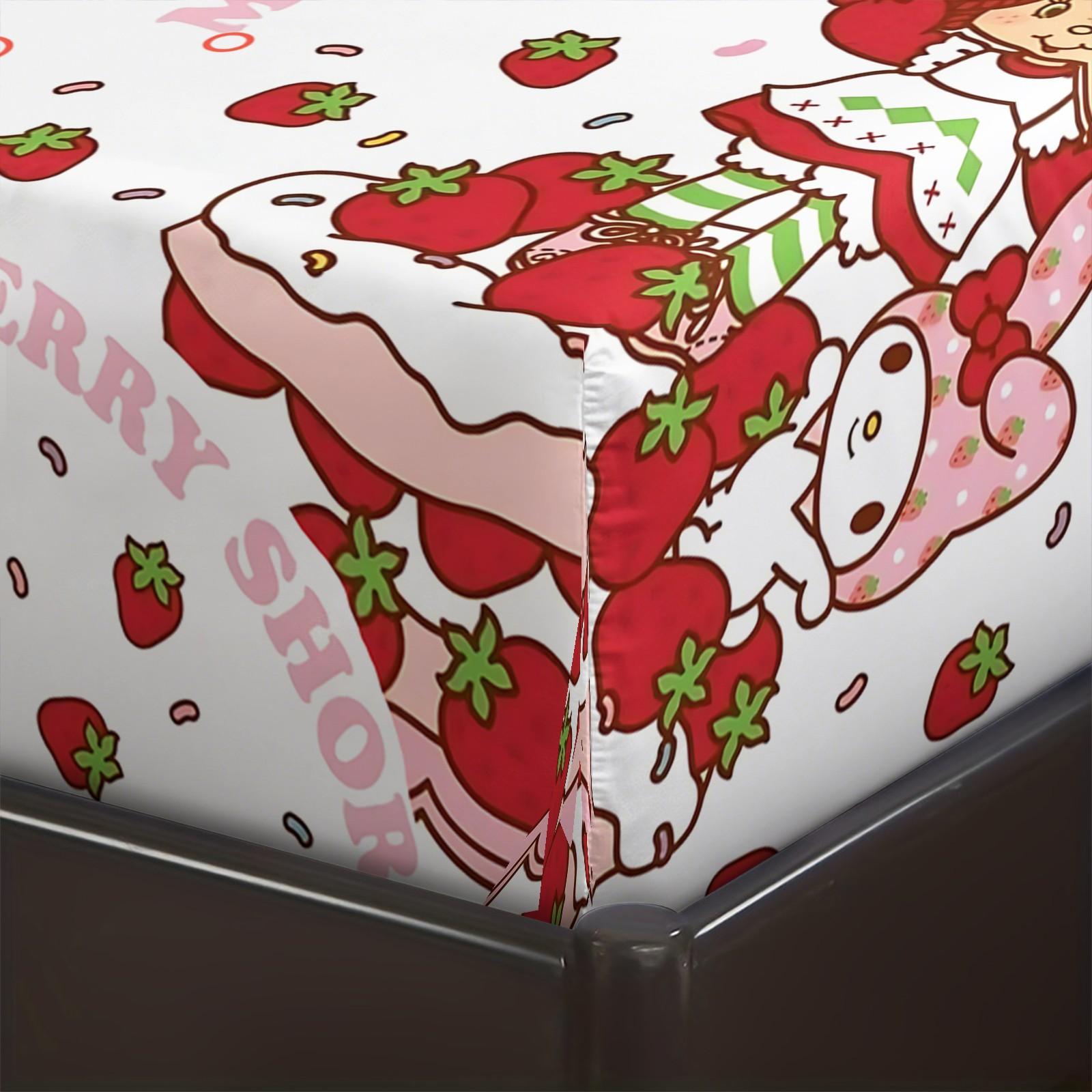 Strawberry Shortcake x My Melody Fitted Sheet Set, 1 Fitted Sheet + 2 Pillowcases - 3 Pcs Soft Bedding with Deep Pocket, 360° Full Coverage, Wrinkle Free, Cute Strawberry Cake Cartoon Bed Sheets for Girls, Full Size