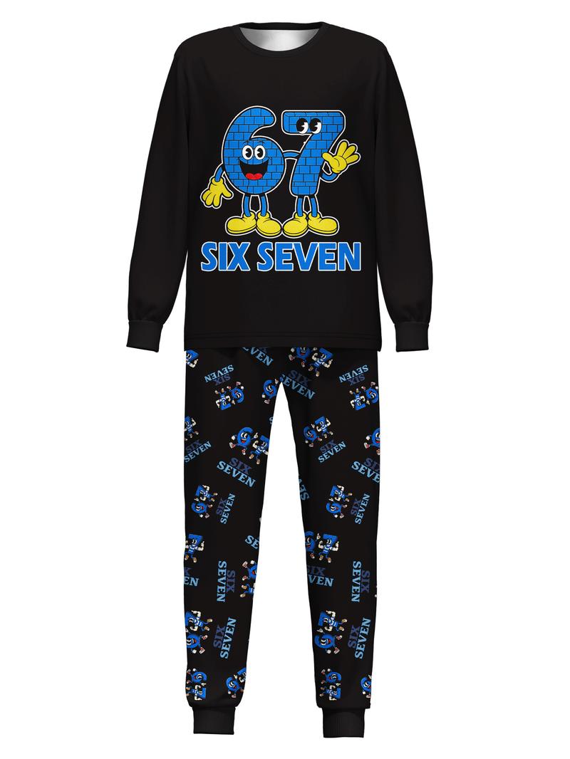 #67 Kids Long Sleeve Pajama Set,  Six Seven Cute Cartoon Pattern, Loose-Fitting Sleepwear, All Seasons, Ideal Gift for New Year & Reading Festival, Cartoon Print Pajama