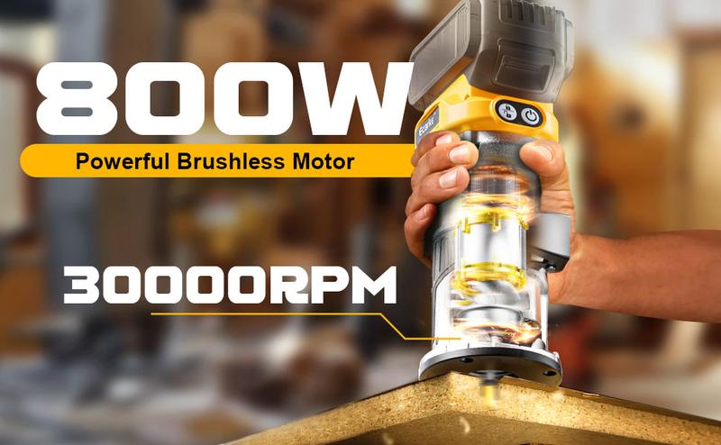 800W Cordless Compact Router Compatible with DeWalt 20V Battery, Battery NOT Included, 6 Variable Speeds Router Tool for Woodworking, 30,000 RPM Fixed Base Wood Router with Trim Router Bits, Edge & Roller Guide, Dust Hood