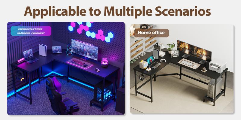 66.93 Inch L Shaped Desk for Home Office, Computer Desk, Corner Desk for Workstations, Gaming Table with Computer Tower Shelf and Hooks,Black