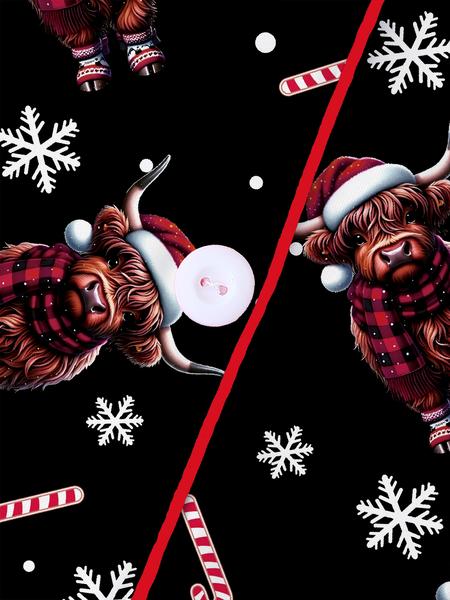 Women's Highland Cow Christmas Pajamas Set, Winter Thermal Long Sleeve Loungewear, Elastic Waist Pants, Black Soft & Cute Outdoor Christmas Costume, with Christmas Animal Hat, Tree, Snowflake, Candy Prints, Christmas Gift