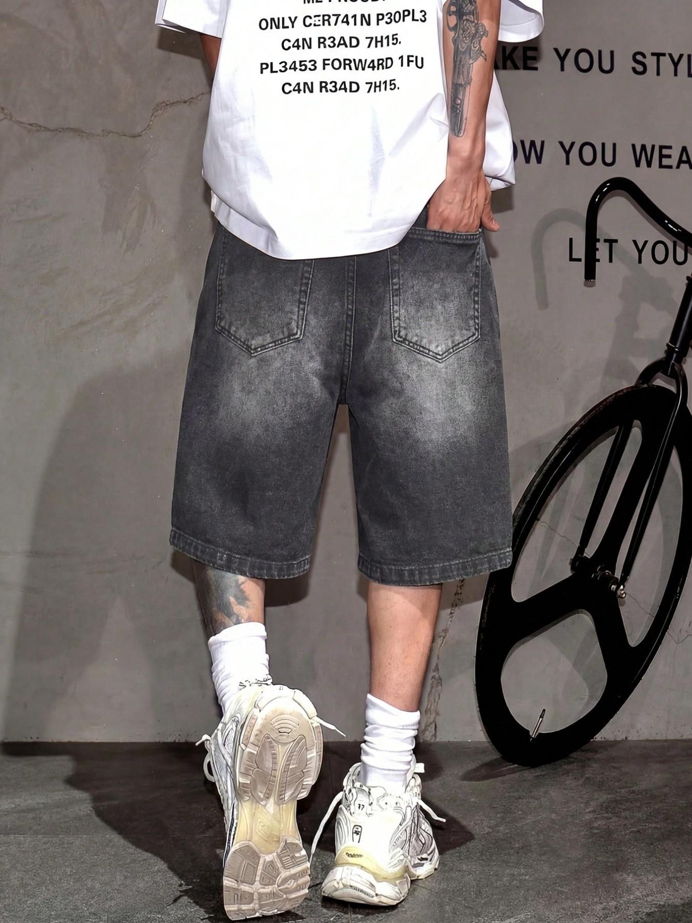 Men's Fashion Street Style Loose Fit Denim Shorts, Casual Mid Waist Zipper Fly, Plain Pattern, Daily Wear, Comfortable and Stylish