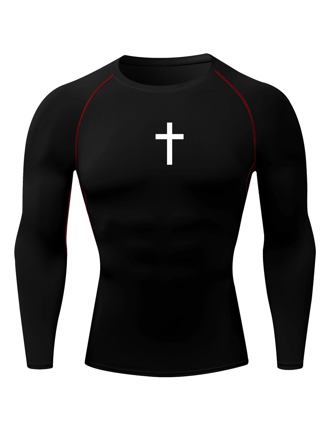 Men's Cross Print Round Neck Sports Tee, Tight Sporty Quick Drying Breathable Long Sleeve T-shirt, Men's Sportswear for Spring & Fall Gym Workout, Athletic Style High Performance Activewear