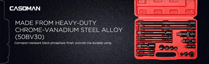 CASOMAN 18-Piece Drive Tool Accessory Set, Premium CR-V Steel with Black Phosphate Finish, Includes Socket Adapters, Extensions and Universal Joints and Impact Coupler, Professional Socket Accessories, #TikTokShopfalldealsforyou