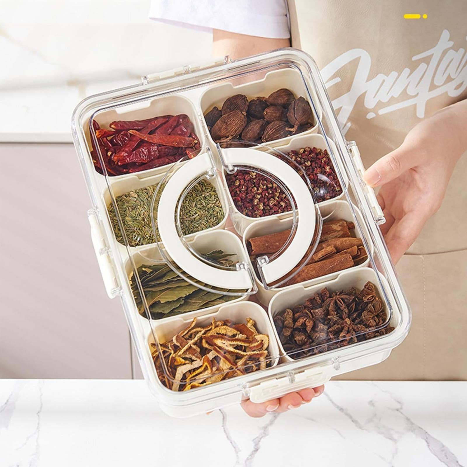 Clear 8 Compartment Airtight Snack Storage Container with Lid and Handle, Leakproof Divided Serving Tray with Detachable Grids, Dishwasher Safe Storage Box for Nuts, Candy, Portable Organizer, Lunch Container for Picnics, Travel and Home Use