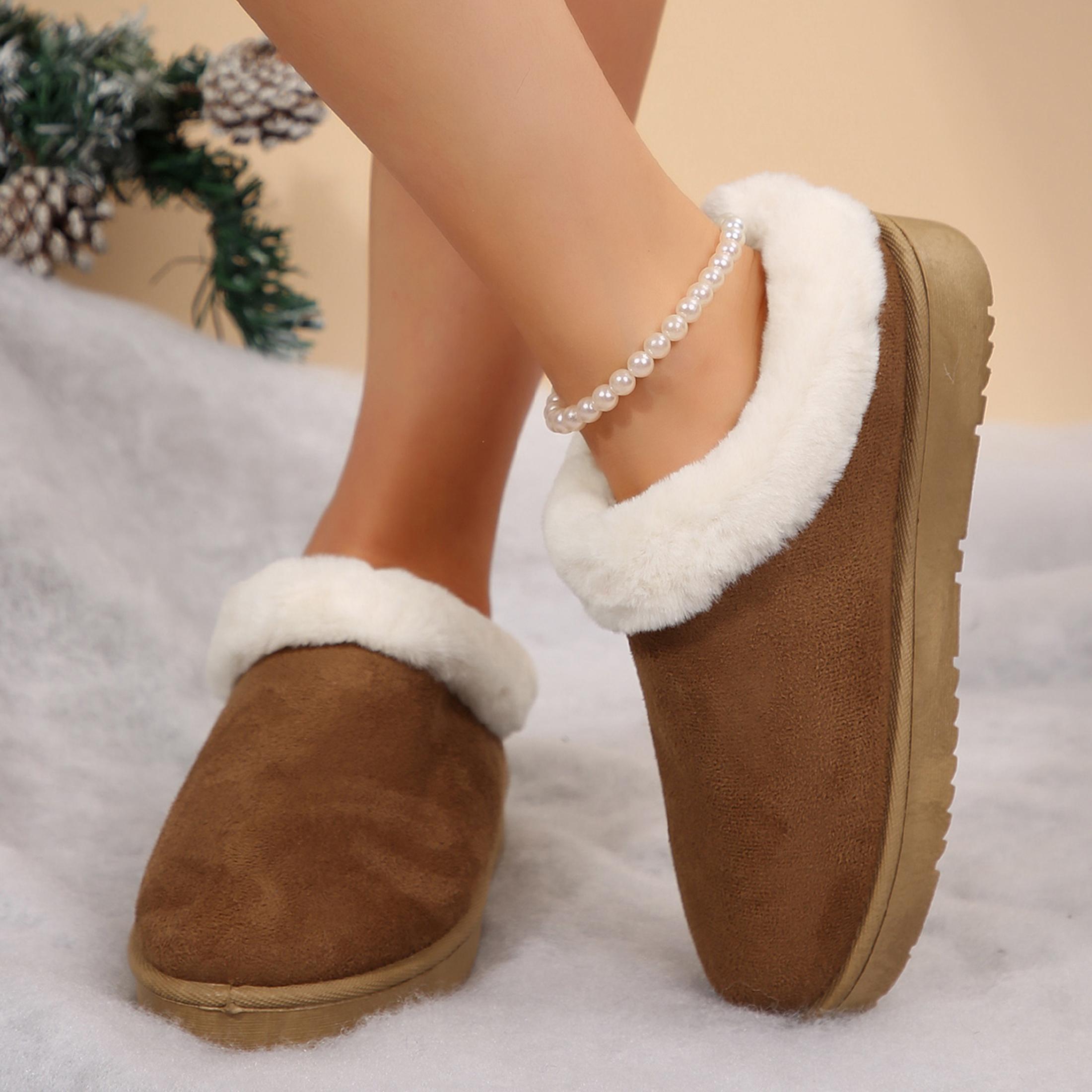 Winter Women's Thick Flat Slippers Suede Shoes Cozy  Warm Snow Shoes with Thick Soles and