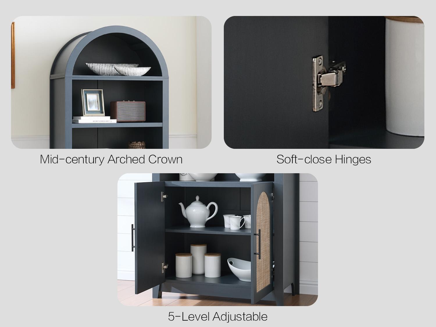 Arched Cabinet Bookshelf Bookcase - 69.3” Tall Mid Century Arched Display Cabinet, Rounded Bookshelf with Rattan Doors, Open Shelf Storage for Dining Room