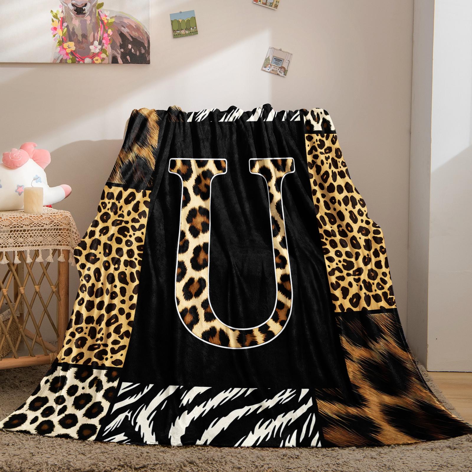 Animal Print Monogram Throw Blanket, Leopard Zebra Tiger Initial Soft Flannel Blanket for Sofa Bed, Gift for Animal Lovers
