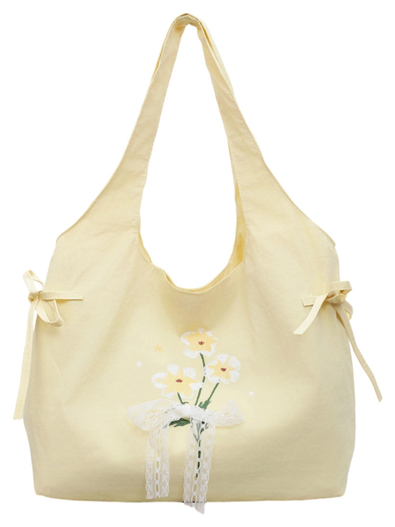 Lightweight Nylon Tote Bag, Floral Butterfly Knot Design, Casual Sweet Shoulder Bag, Ideal for Shopping and Daily Use, Perfect for Students