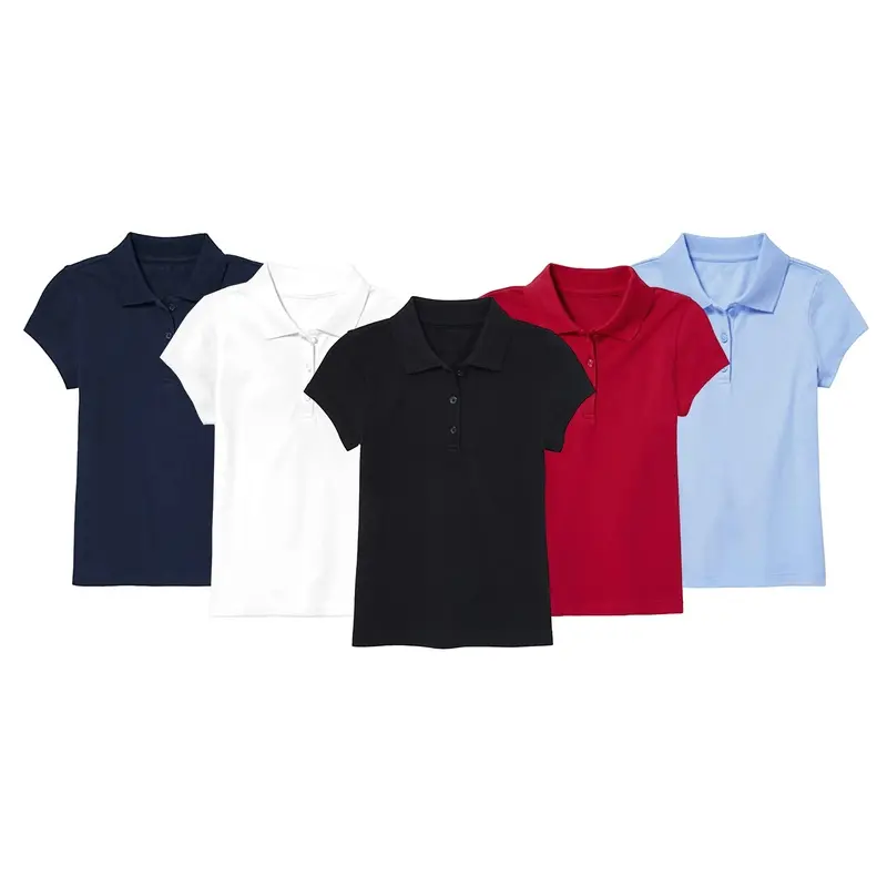 Girls' 5-piece set includes collared short-sleeve stretch Polo shirts, soft solid-color school uniform tops, featuring cuff buttons and double-stitched hems, solid-color girls' Polo shirts